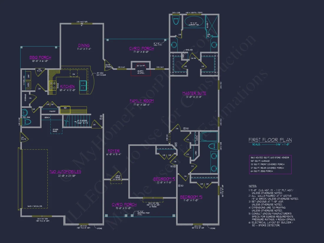 Modern Craftsman house Plan: CAD Floor Plan with 3 Bedrooms