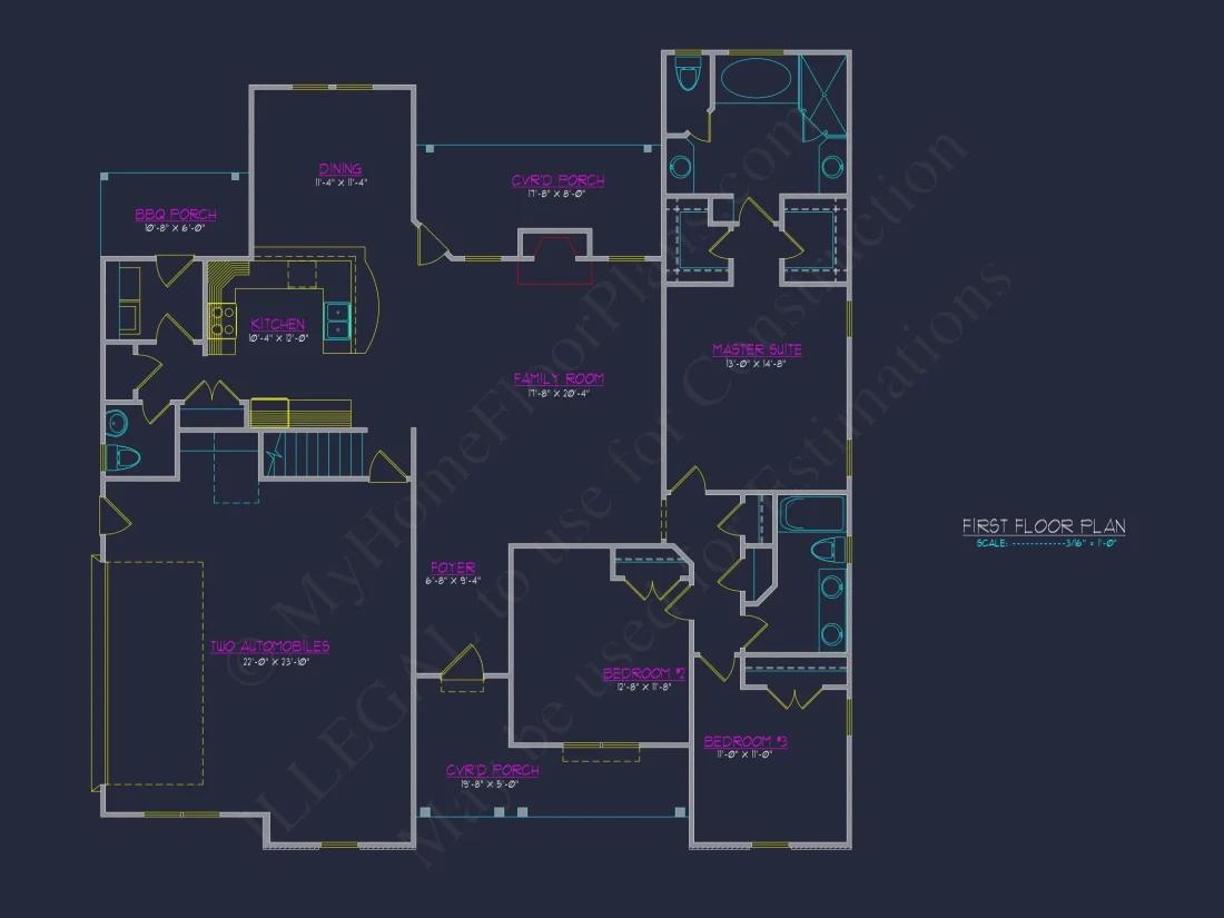 Modern Craftsman house Plan: CAD Floor Plan with 3 Bedrooms
