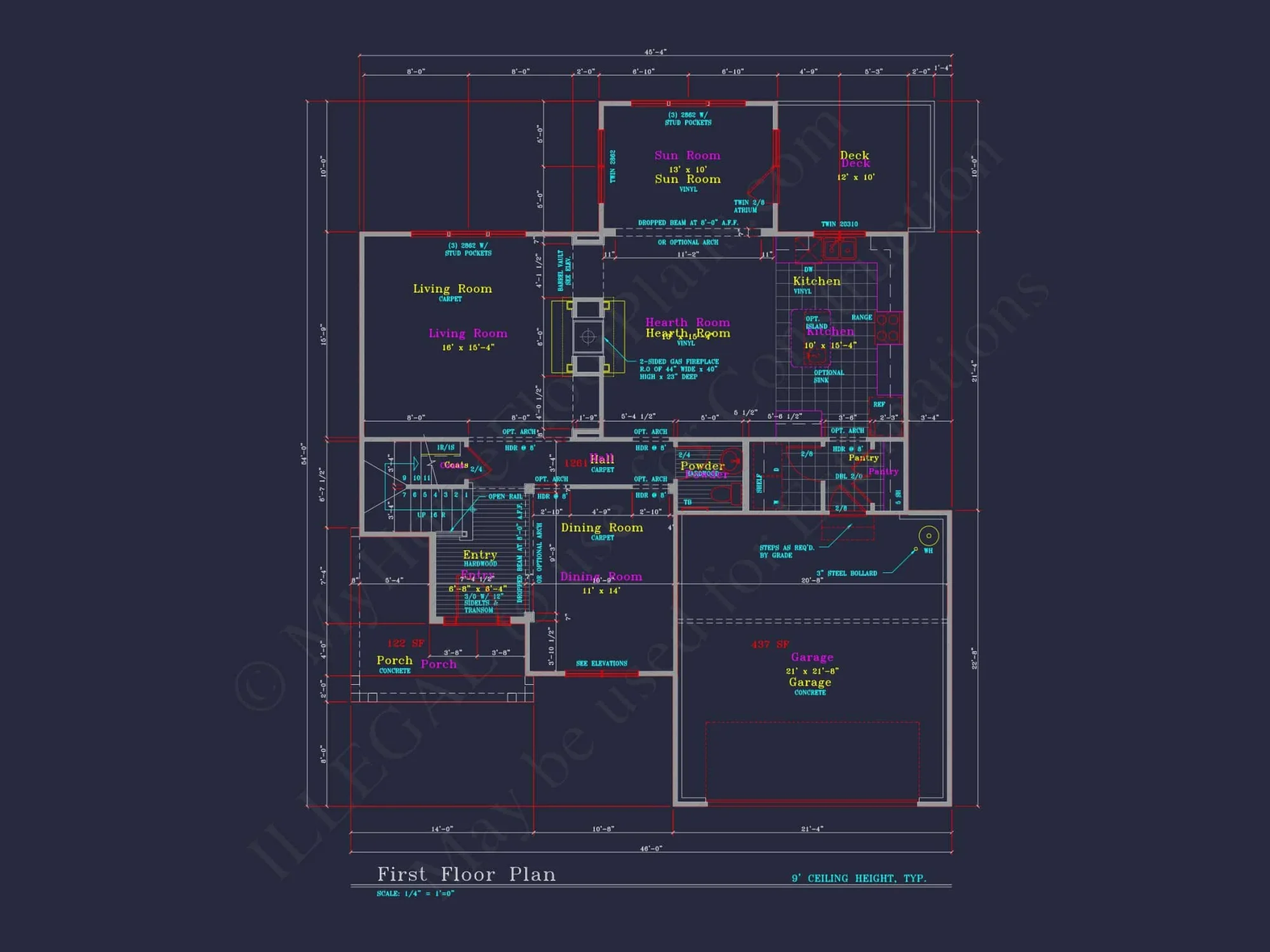 Modern Suburban house Plan: 4 Bedrooms, 2.5 Baths, CAD Designs