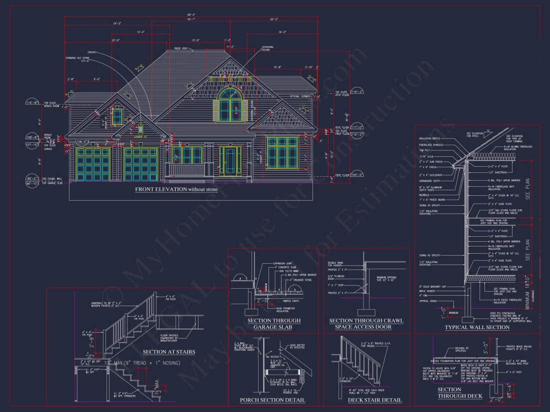 Charming 2-Story house Plan with Bonus Room and CAD Designs