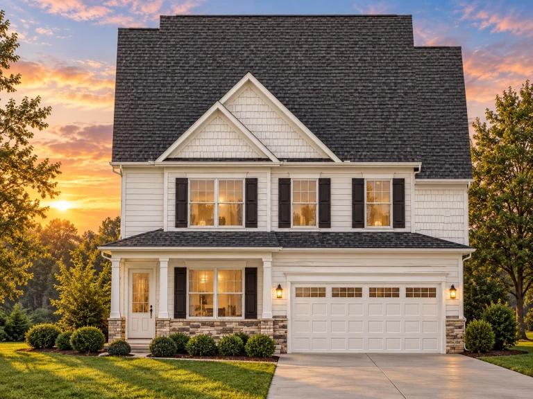 Front elevation of a Traditional Colonial style home with white horizontal siding, dark shingle roof, symmetrical windows, and attached two-car garage