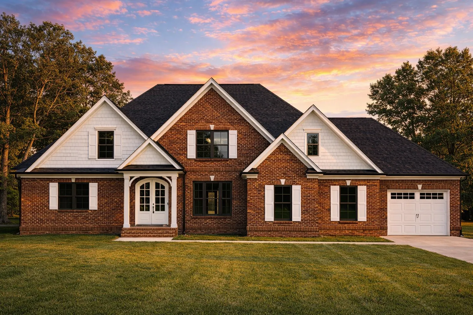 Front elevation of Traditional Colonial style home with brick exterior, white lap siding gables, shutters, and attached garage