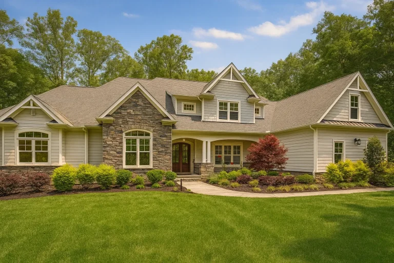 Front exterior of a New American Traditional style home featuring horizontal siding, stone veneer accents, multiple gables, and a welcoming covered entry