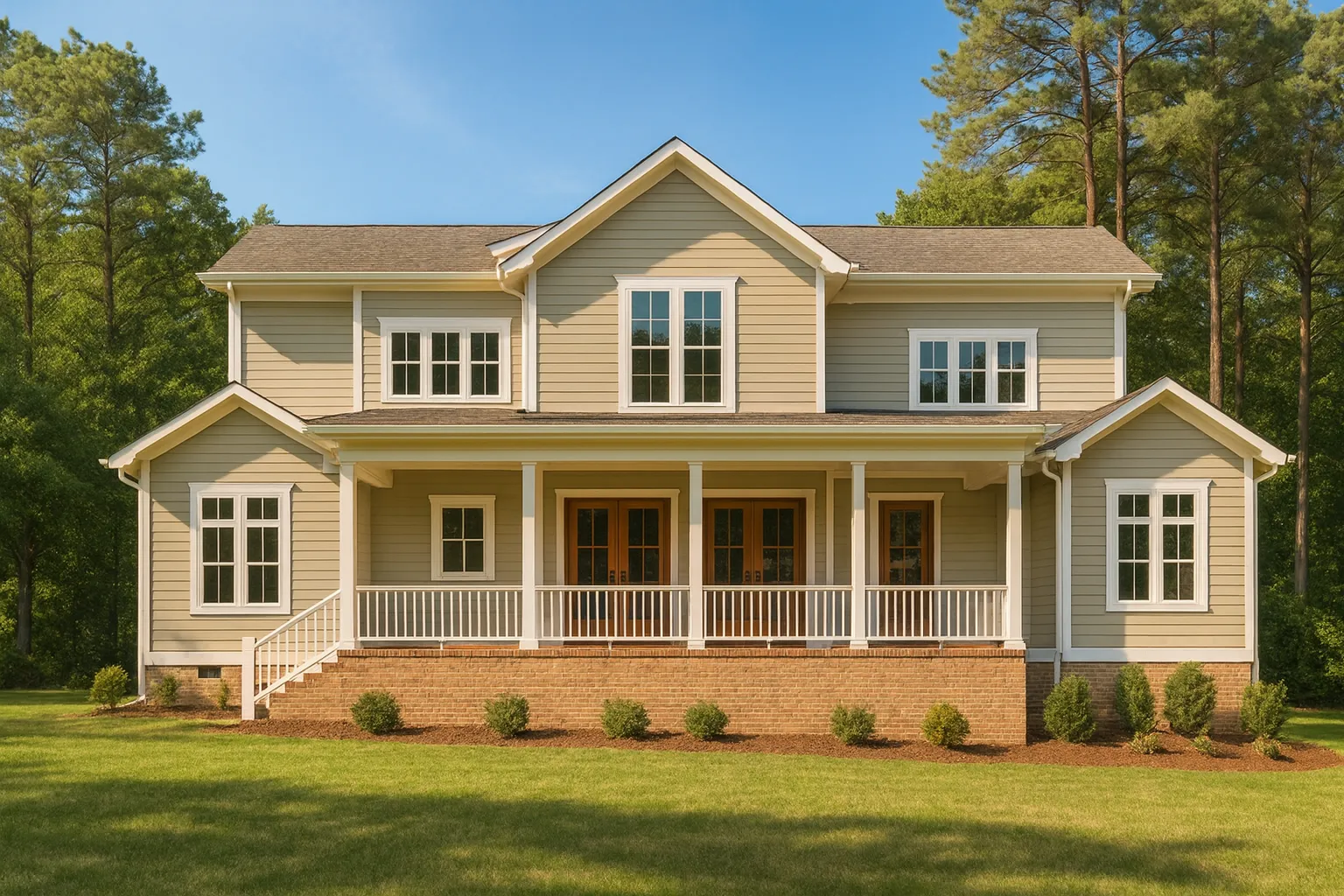 Front elevation of a Traditional Colonial style home featuring horizontal lap siding, brick foundation, and a full-width covered porch