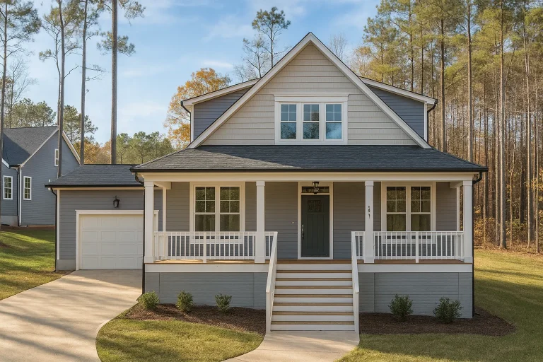 Front elevation of a Southern Farmhouse style home with horizontal siding, covered porch, symmetrical windows, and attached garage
