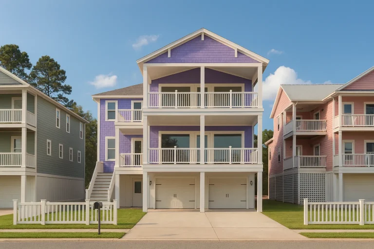 Front elevation of a three-story Coastal Beach House with lap siding, board-and-batten accents, elevated garage, stacked balconies, and symmetrical coastal architecture