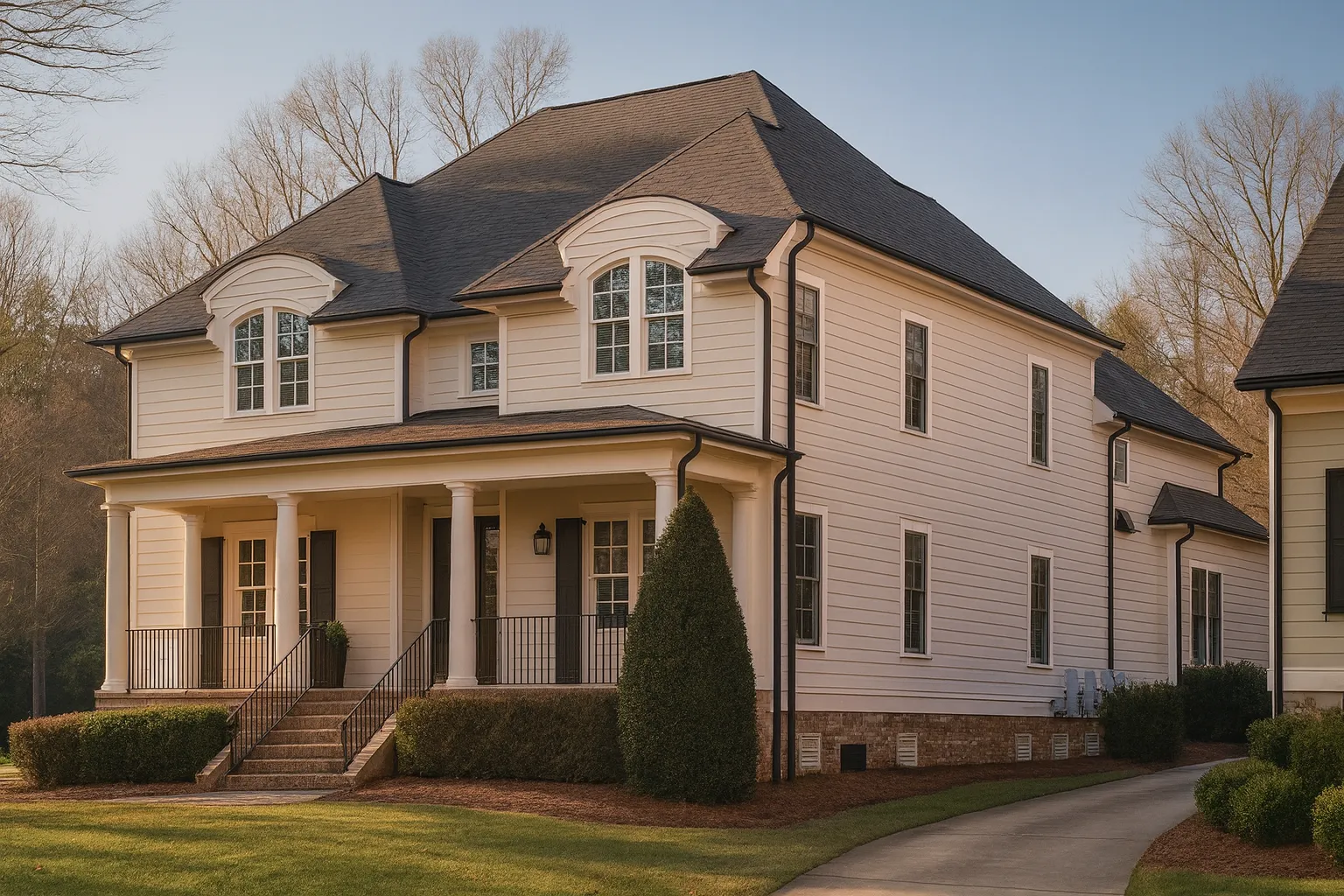 Colonial House Plans 23 Front exterior of a Traditional Colonial style home with horizontal clapboard siding, symmetrical windows, covered front porch, and brick foundation