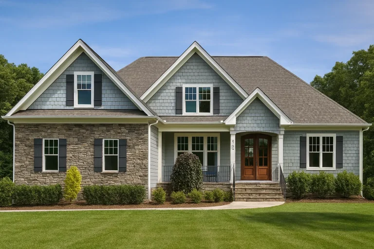 Front exterior view of a New American style home with stone veneer, horizontal siding, gabled rooflines, and covered entry porch