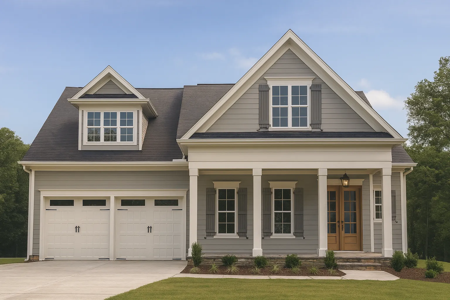 Front elevation of a New American Modern Traditional house featuring horizontal siding, Craftsman columns, gabled rooflines, and a welcoming covered porch