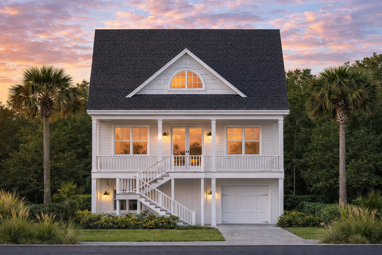 Front elevation of a Coastal Low Country style raised home with lap siding, covered porch, exterior staircase, and garage underneath