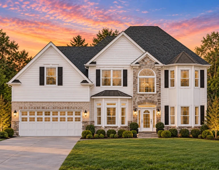 Front elevation of a New American style two-story house with horizontal lap siding, symmetrical windows, gabled rooflines, and an attached two-car garage