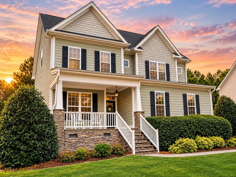 Front exterior of a New American style two-story home with white horizontal siding, black shutters, gabled rooflines, and an attached garage