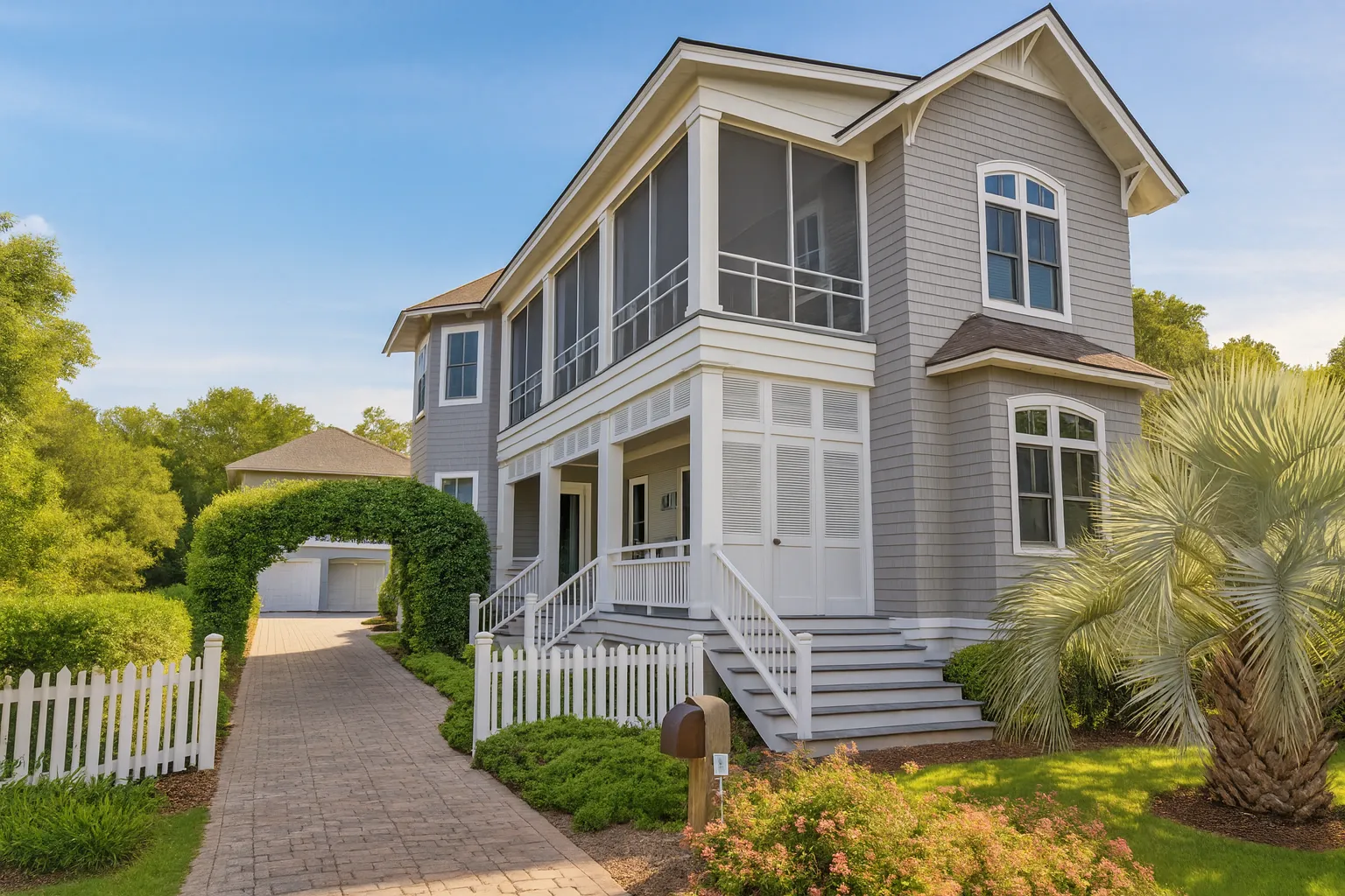 Front view of a Coastal Shingle Style house featuring gray shingle siding, white trim, screened porch, and elevated Low Country architecture