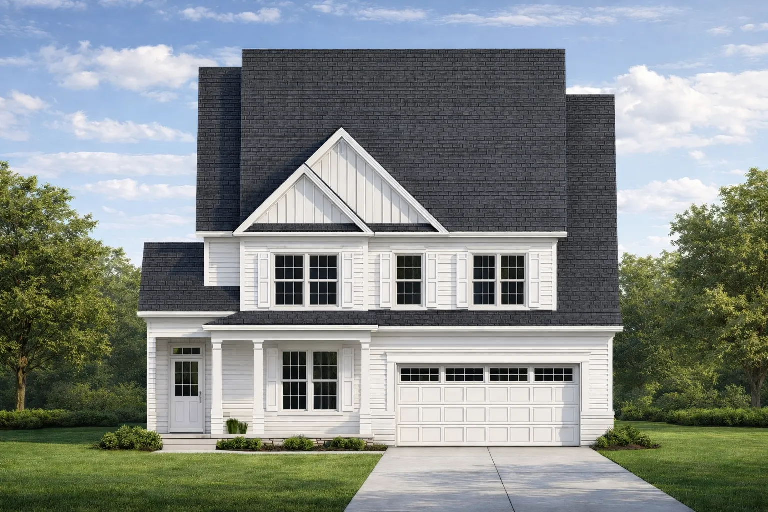 Front elevation of a Traditional Colonial style home with white horizontal siding, dark shingle roof, symmetrical windows, and attached two-car garage