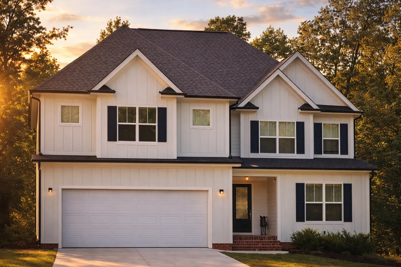 Front elevation of a Modern Farmhouse style home featuring white board and batten siding, dark shutters, gabled rooflines, and a two-car garage