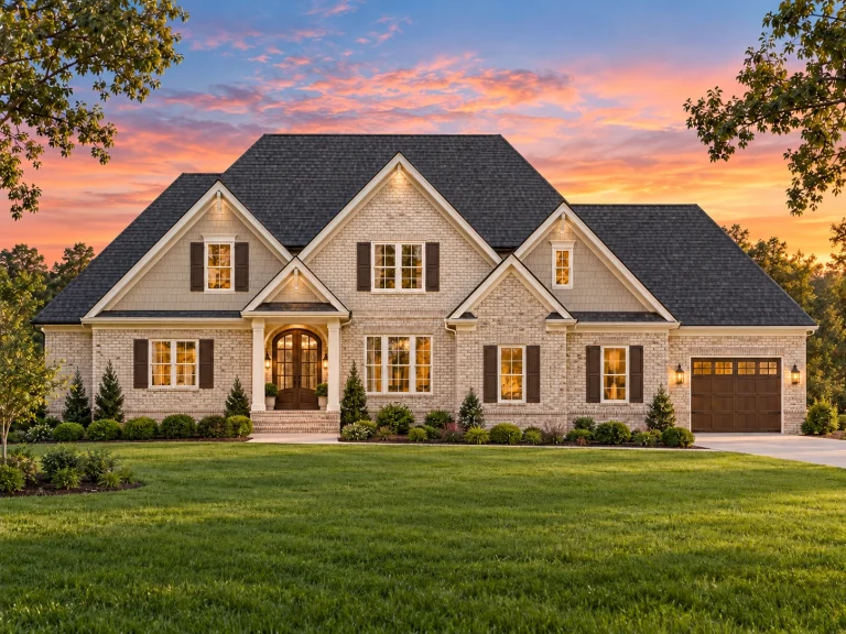 Front elevation of Traditional Colonial style home with brick exterior, white lap siding gables, shutters, and attached garage