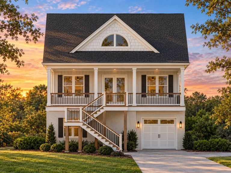 House Plans with Spacious Laundry Room 5 Front elevation of a Coastal Low Country style raised home with lap siding, covered porch, exterior staircase, and garage underneath