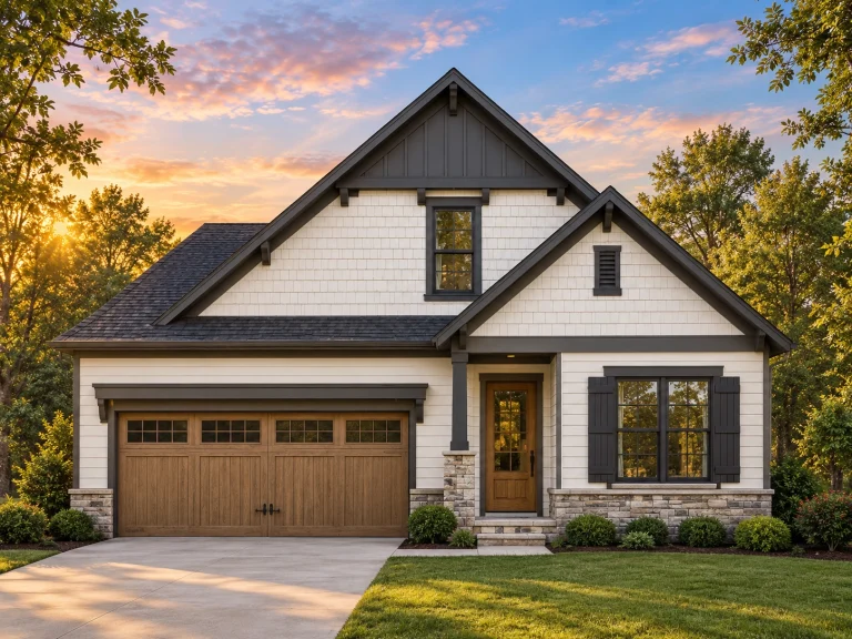 Front exterior of a Craftsman Cottage style home featuring shingle siding, horizontal lap siding, stone accents, and an inviting covered entry