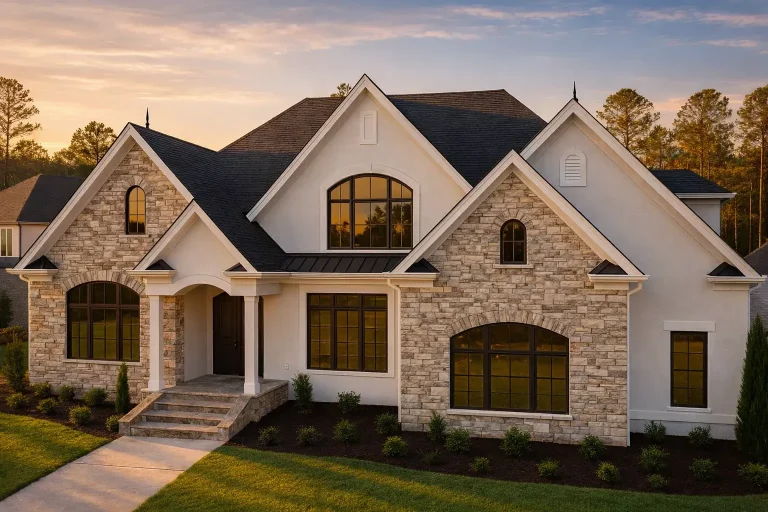 Front exterior of a New American Modern Traditional house featuring stone masonry, stucco accents, steep gabled rooflines, and arched windows