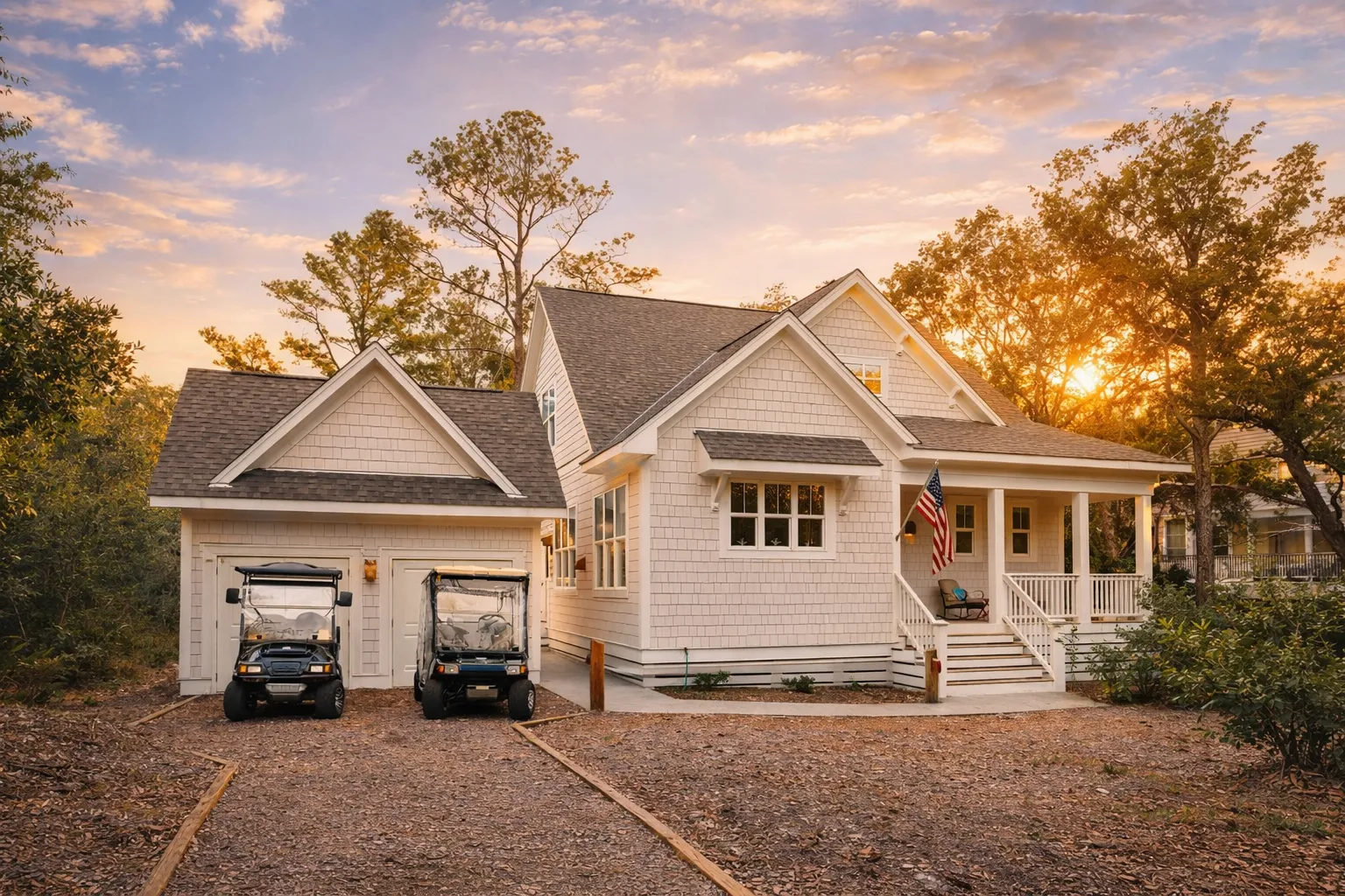 House Plans with Rear Entry Garage 23 Front exterior of a coastal shingle style cottage home featuring cedar shake siding, detached garage, covered front porch, and classic Cape Cod detailing