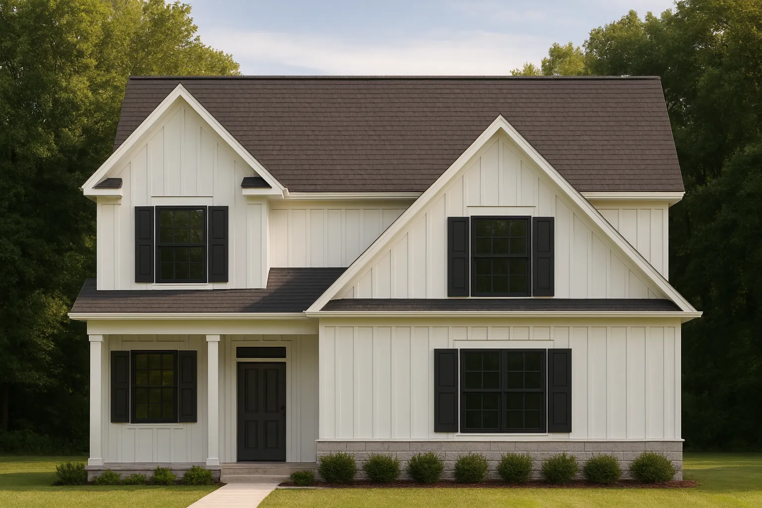 Front elevation of a modern farmhouse style two-story home featuring white board and batten siding, black window shutters, and a symmetrical gabled roofline