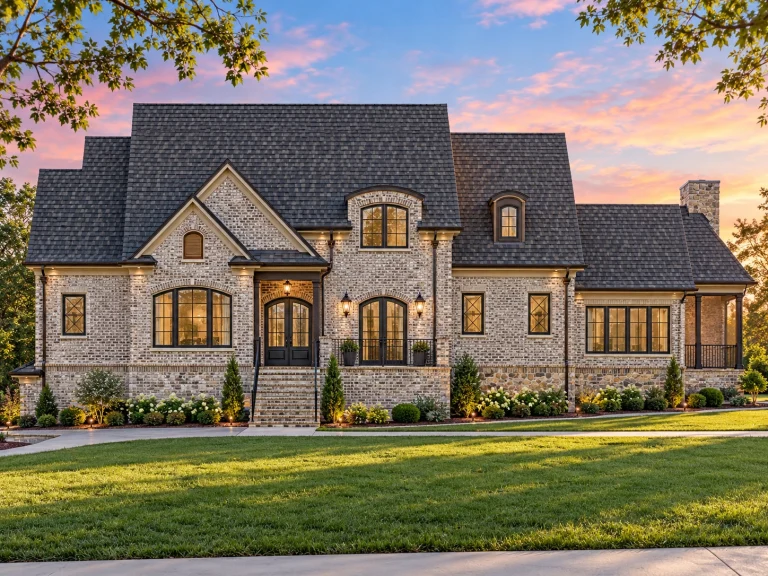Front elevation of French Country style home with brick and stone exterior, arched doorway, dormer windows, and side-entry garage