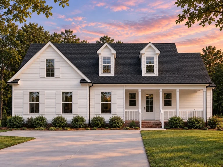 House Plans with Fireplace 15 Front view of a Cape Cod style home featuring brick and horizontal siding, dormer windows, and a welcoming covered porch entry