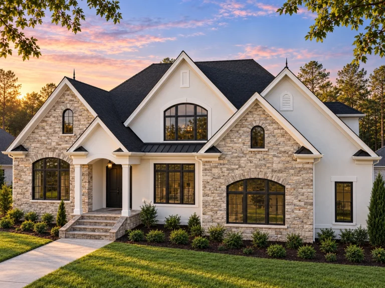 Front exterior of a New American Modern Traditional house featuring stone masonry, stucco accents, steep gabled rooflines, and arched windows