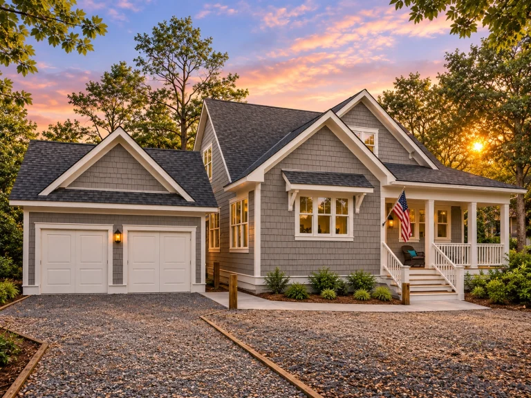 Front exterior of a coastal shingle style cottage home featuring cedar shake siding, detached garage, covered front porch, and classic Cape Cod detailing