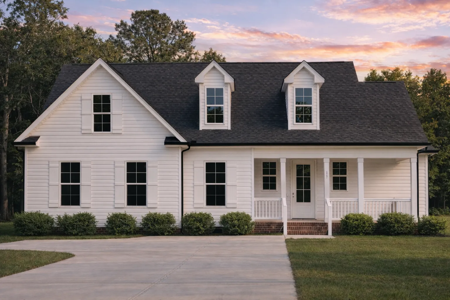 Front view of a Cape Cod style home featuring brick and horizontal siding, dormer windows, and a welcoming covered porch entry