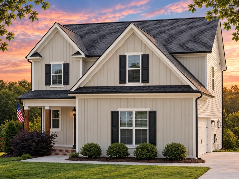 Affordable House Plans 24 Front elevation of a modern farmhouse style two-story home featuring white board and batten siding, black window shutters, and a symmetrical gabled roofline