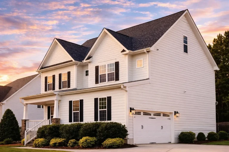 Front exterior of a New American style two-story home with white horizontal siding, black shutters, gabled rooflines, and an attached garage