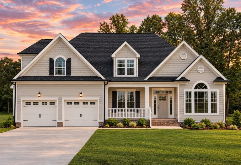 House Plans with Second Floor Laundry Room 16 Front elevation of a New American style suburban home with lap siding, stone veneer, gabled rooflines, and a two-car garage