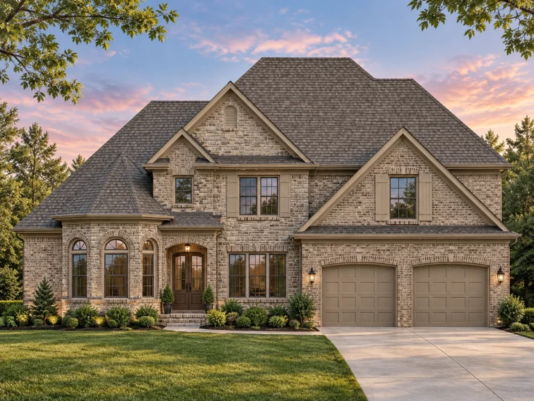 Front elevation of Traditional Colonial Revival style home with full brick exterior, symmetrical windows, arched entry, and two-car garage