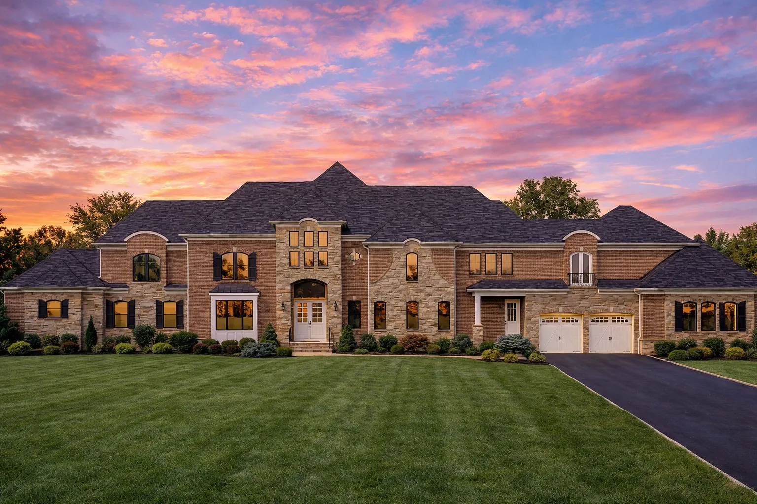 Front exterior of a luxury French Provincial style home with full stone façade, steep hipped rooflines, arched windows, and grand symmetrical European design