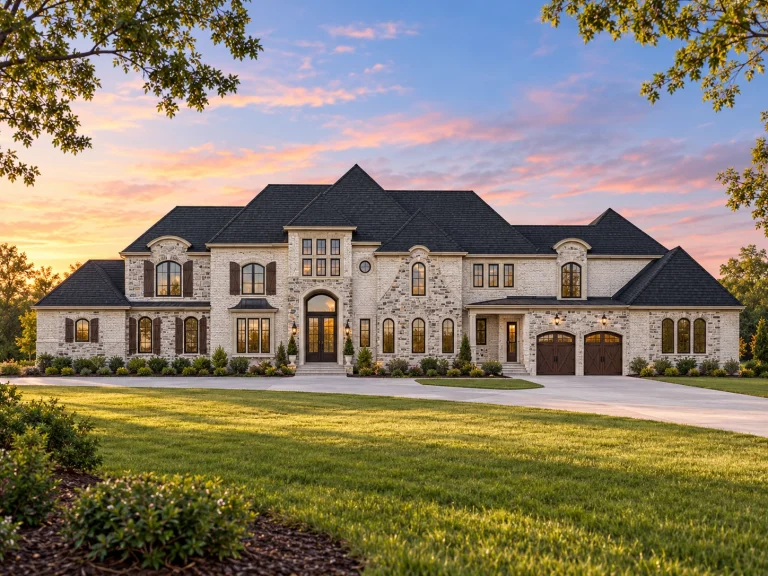 Sloping Lot House Plans 1 Front exterior of a luxury French Provincial style home with full stone façade, steep hipped rooflines, arched windows, and grand symmetrical European design