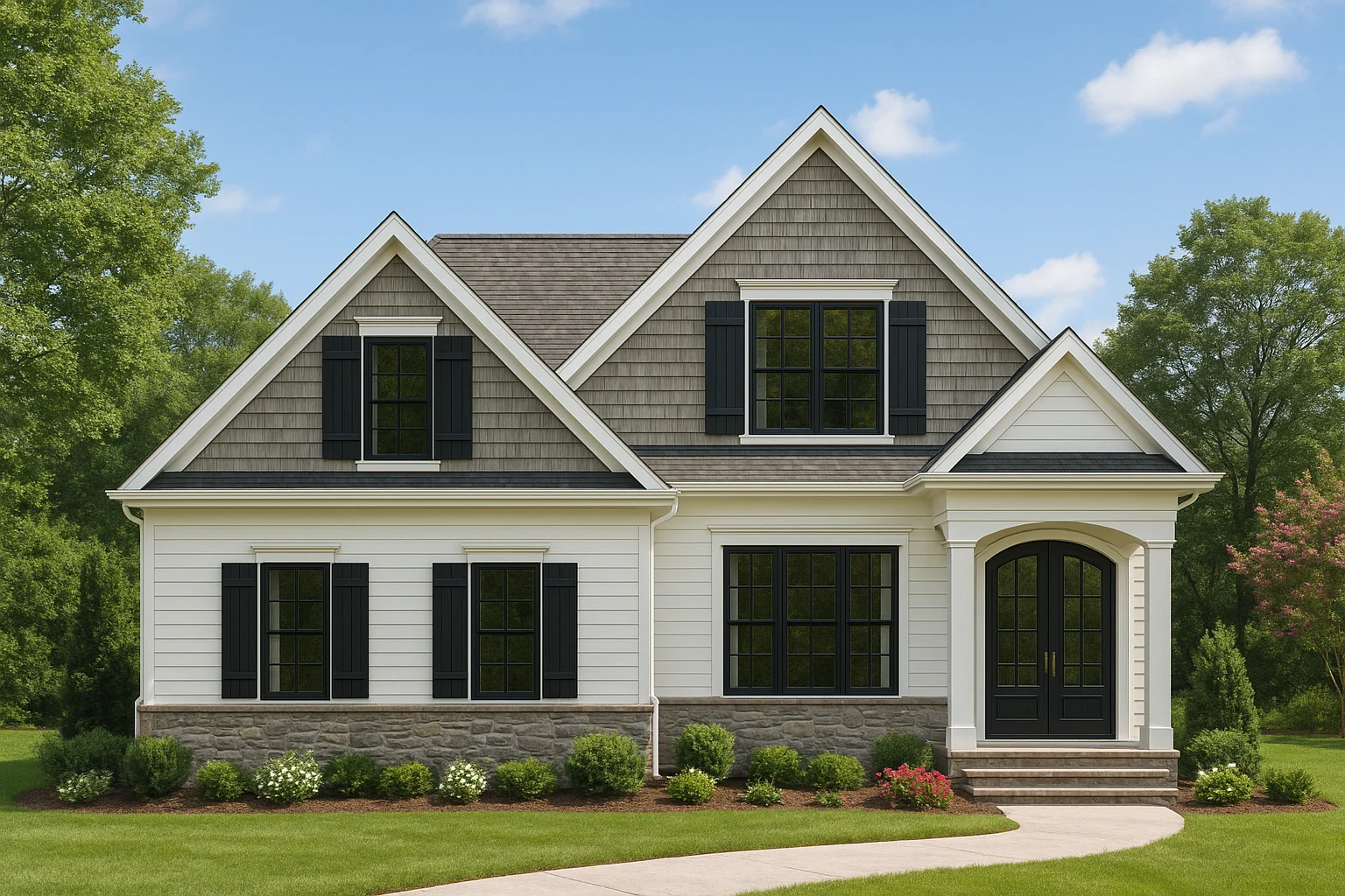 Front elevation of a Transitional Farmhouse home featuring shingle siding, lap siding, stone water table, and black window shutters