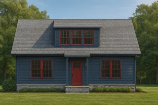 Front elevation of a Cape Cod Cottage featuring navy blue horizontal siding, red-trimmed windows, and a steep roofline surrounded by trees.