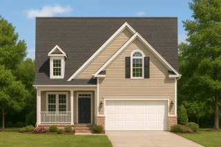 Front view of a Traditional Colonial style home with horizontal siding, brick foundation detailing, black shutters, and a gable roof over a two-car garage
