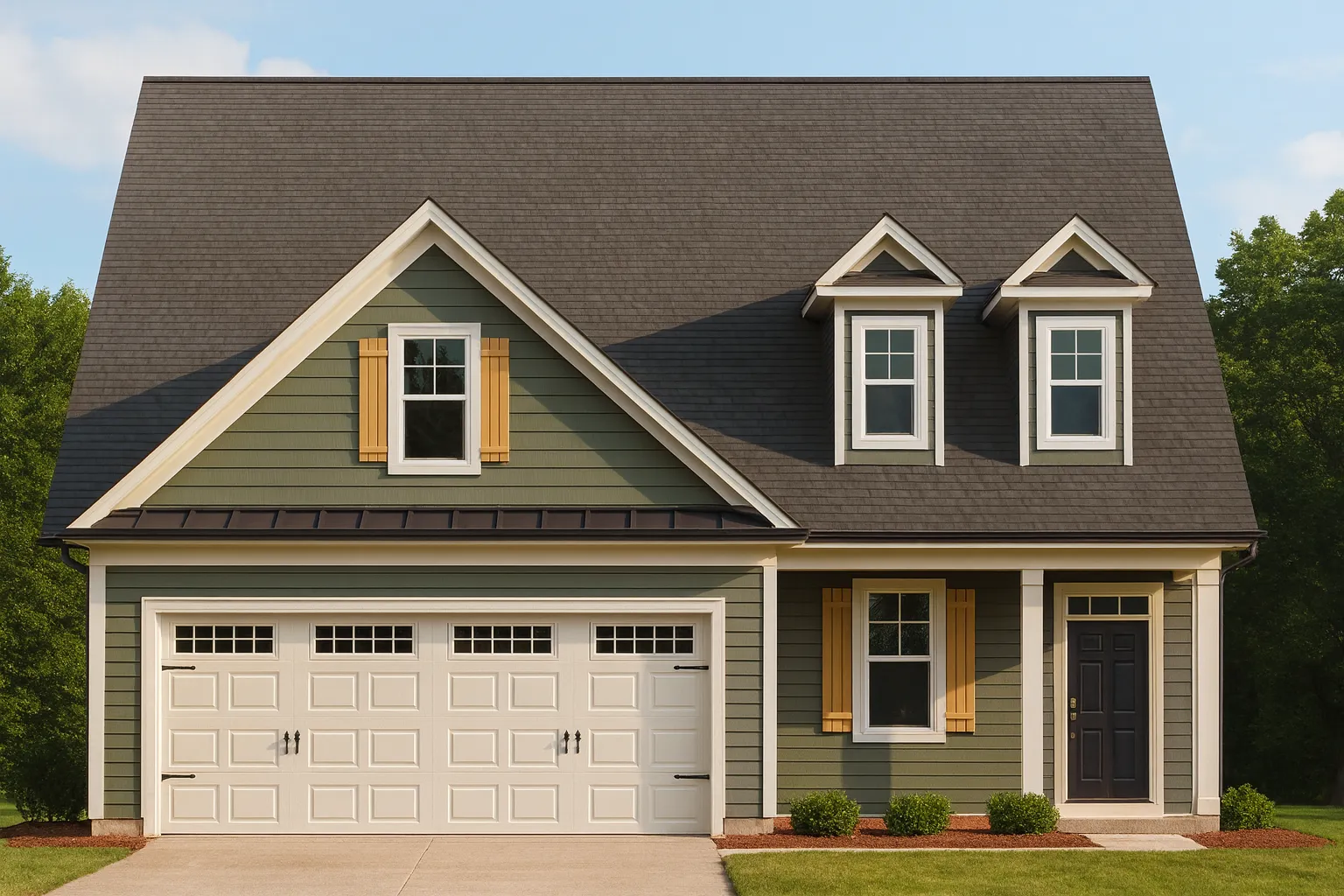 Front elevation of a Traditional Suburban Craftsman style home featuring horizontal lap siding, board-and-batten accents, dormers, and a two-car garage