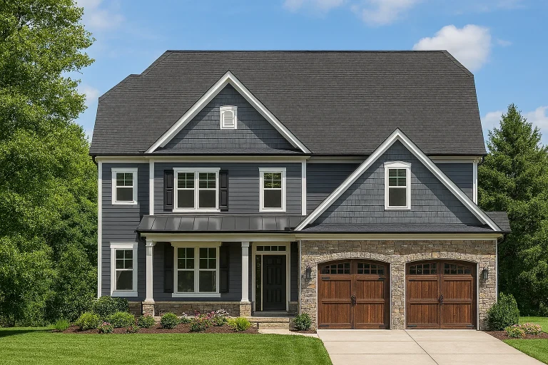 Front elevation of a two-story Traditional Colonial home with stone base, lap siding, and shake gables over a two-car garage