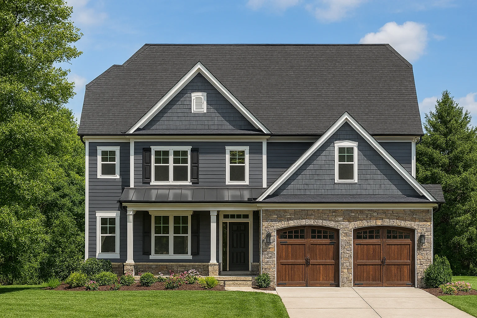 Front elevation of a two-story Traditional Colonial home with stone base, lap siding, and shake gables over a two-car garage