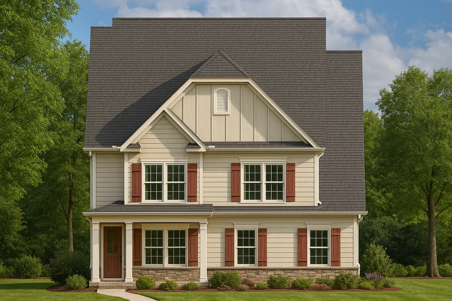 Georgian House Plans 1 Front elevation of a Traditional Colonial style home featuring lap siding, board and batten gable detailing, stone foundation accents, and symmetrical window design