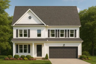 Front view of a Traditional Colonial style home featuring white horizontal siding, black shutters, a dark gray shingle roof, and a two-car garage.
