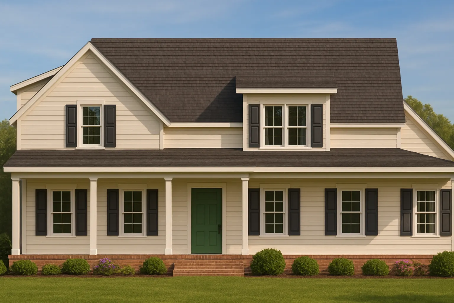 Front view of a Traditional Colonial style home featuring white horizontal siding, black shutters, a dark gray shingle roof, and a two-car garage.