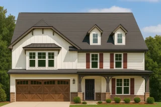 Front elevation of a Modern Farmhouse with board and batten siding, brick base, dark roof, and wood garage doors showcasing transitional architectural design.
