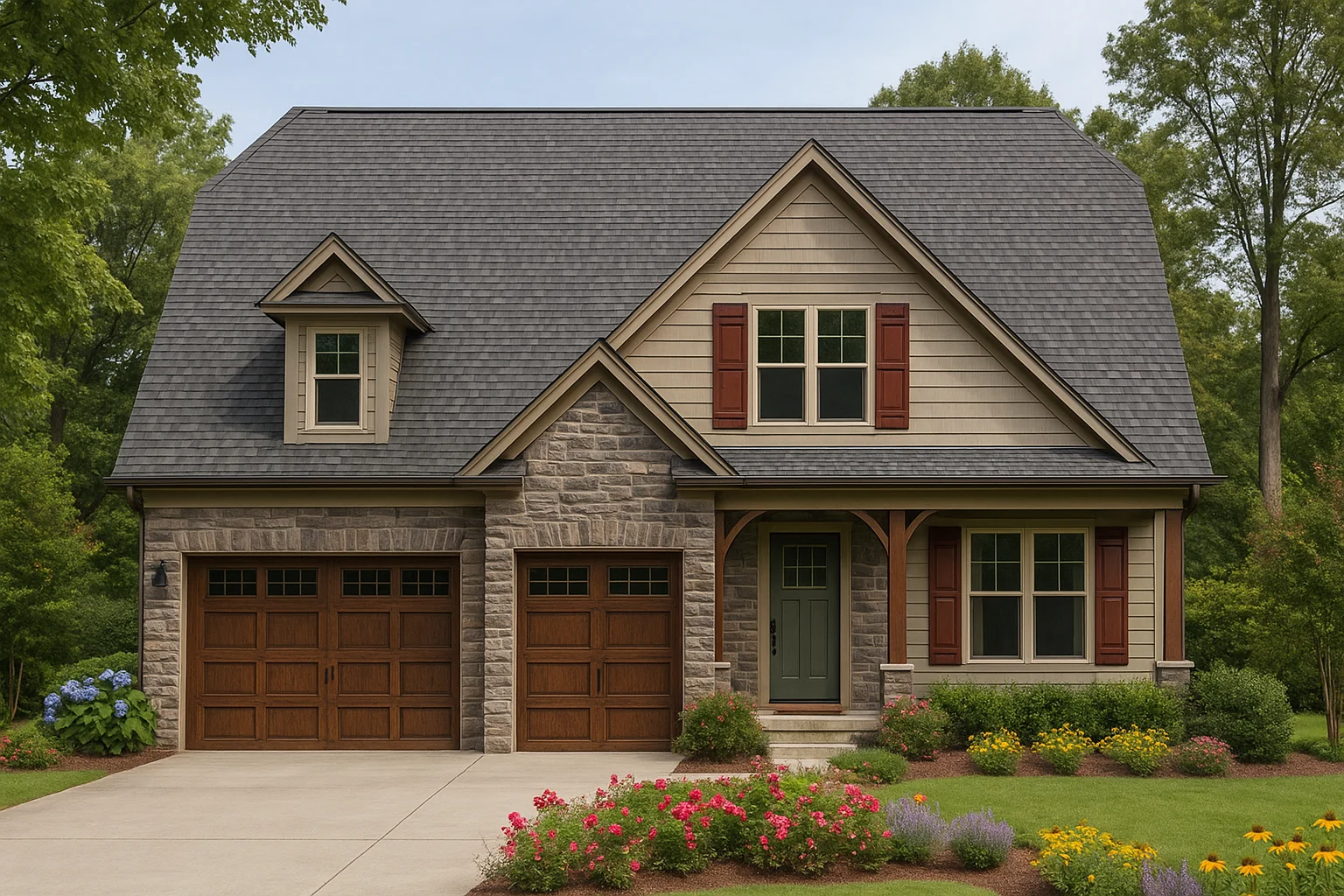 Front elevation of a New American Cape Cod style house featuring stone veneer, horizontal siding, gabled rooflines, and an attached two-car garage