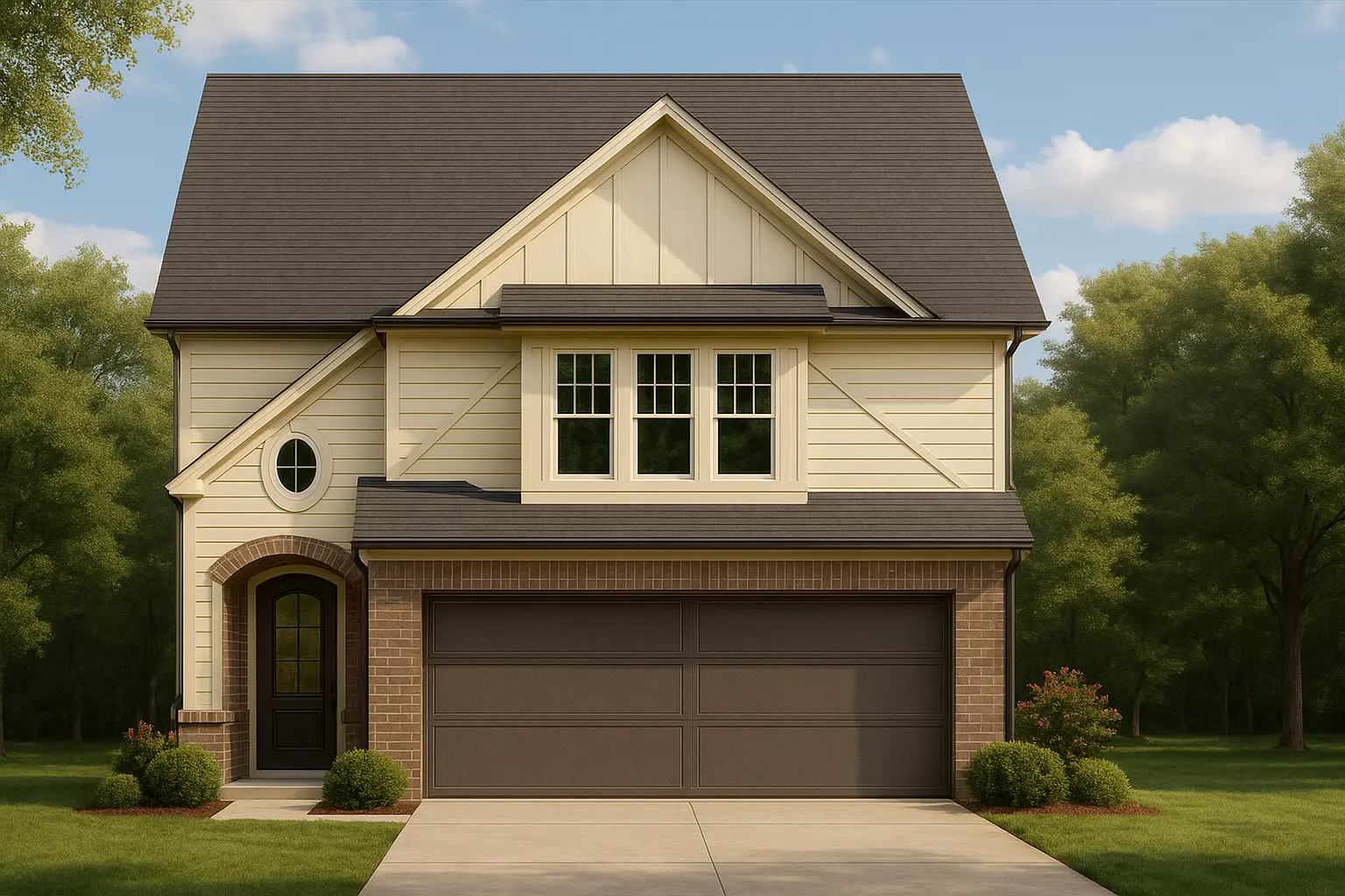 Front elevation of a two-story Traditional Transitional style home featuring brick and board and batten siding, gable roof, and double garage