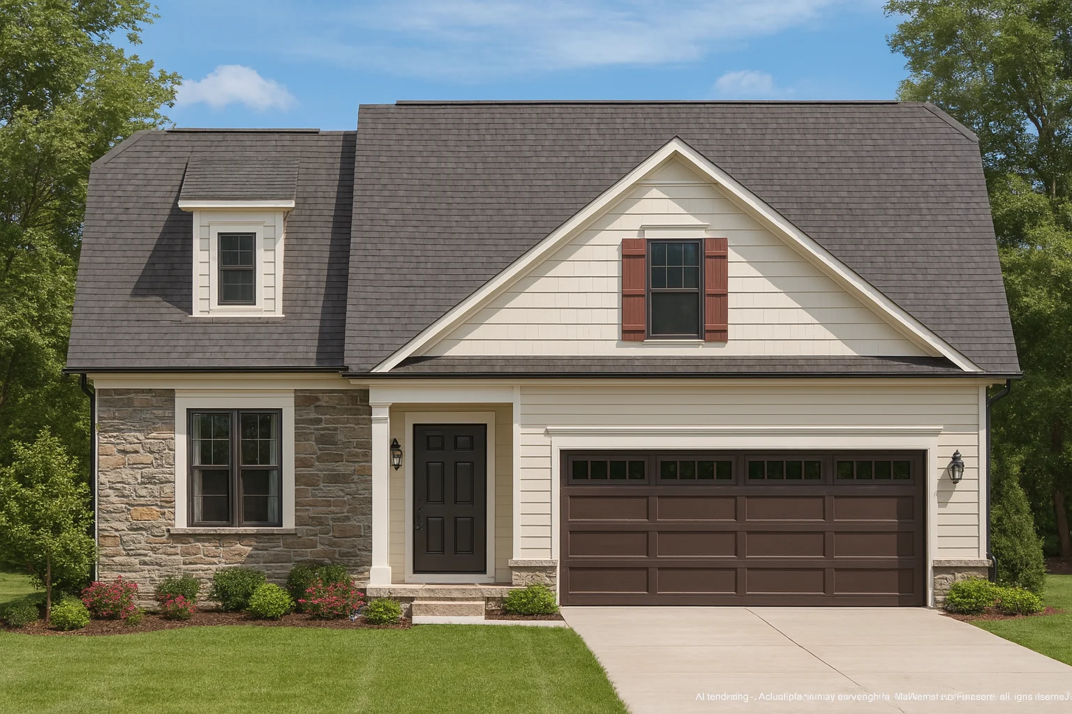 Classical House Plans 27 Front elevation of a New American Cape Cod style home featuring stone accents, horizontal siding, gabled roof, and attached two-car garage