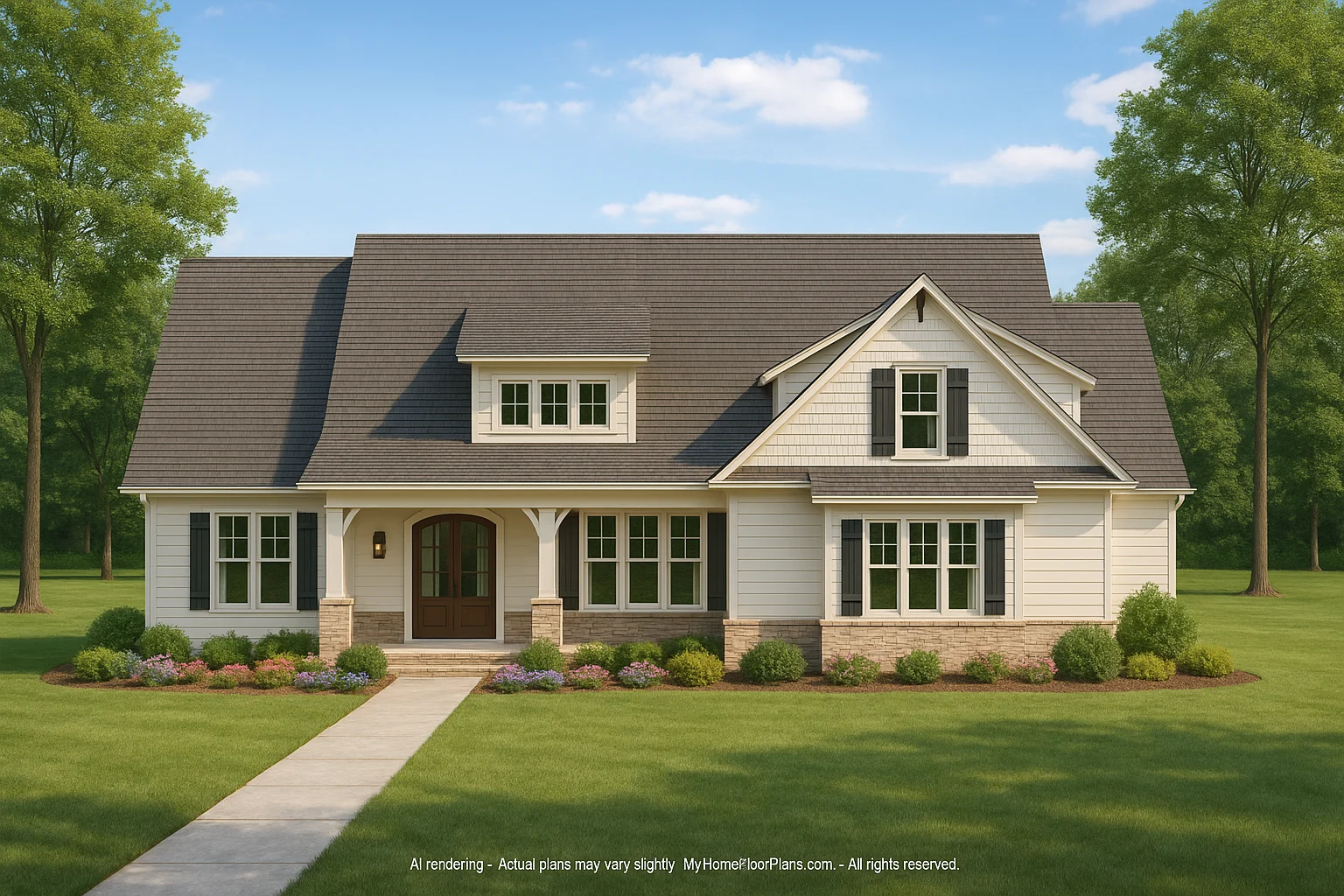 House Plans with Basement Bedrooms 1 Front elevation of a Southern Farmhouse style home with white siding, stone foundation accents, covered porch, and symmetrical gabled roof